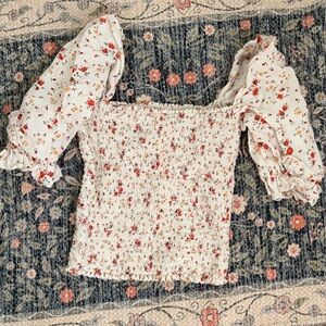 Reformation Floral Smocked Crop Top - Cream and Red LINEN